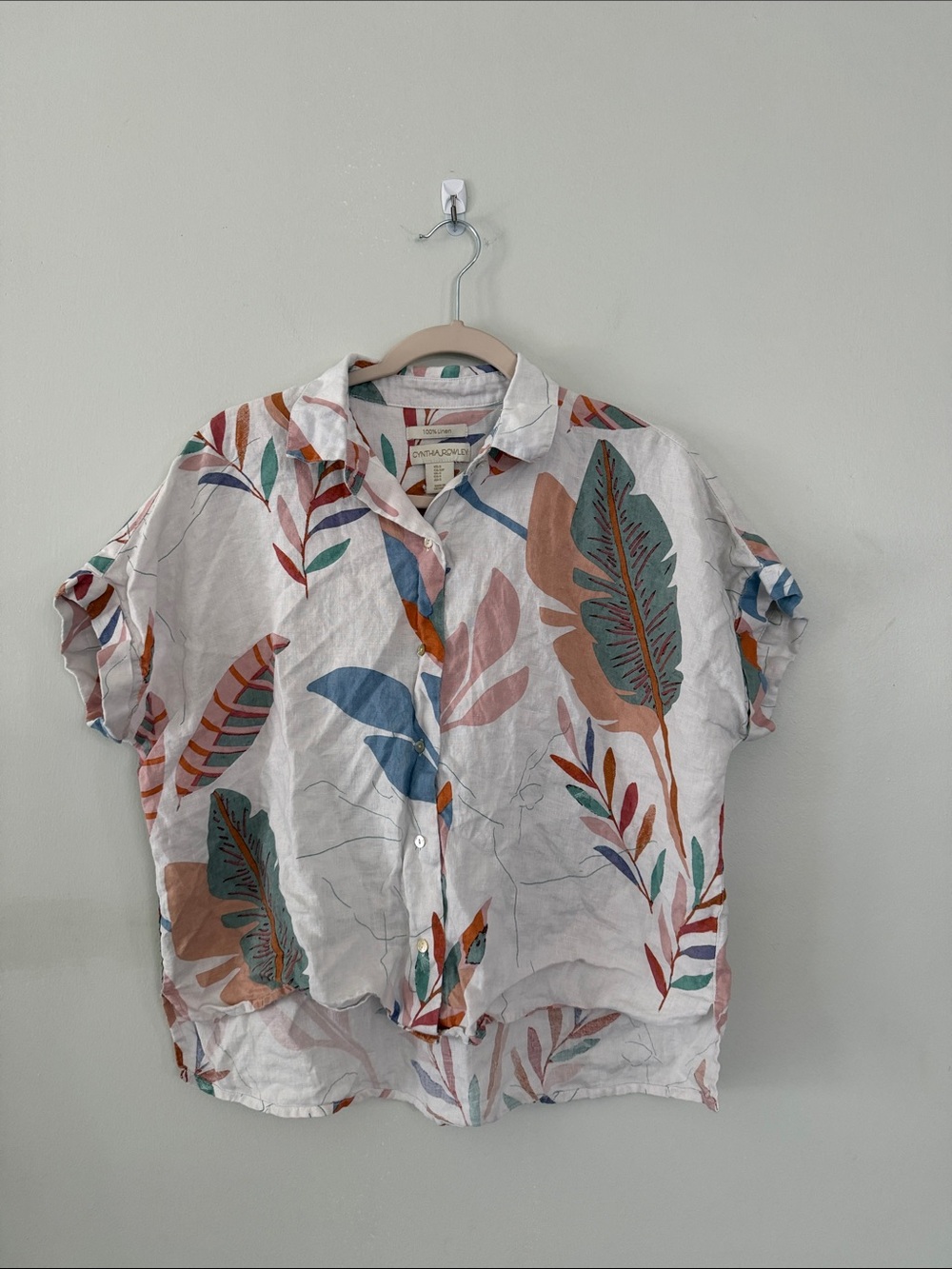 Cynthia Rowley White Linen Button-Down with Blue Teal Rust Pink Leaf Print